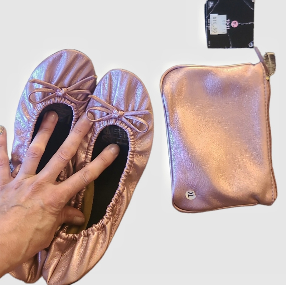 Metallic Pink Fold-up 🩰 Ballet Flats with Matching Clutch, by Sidekicks.